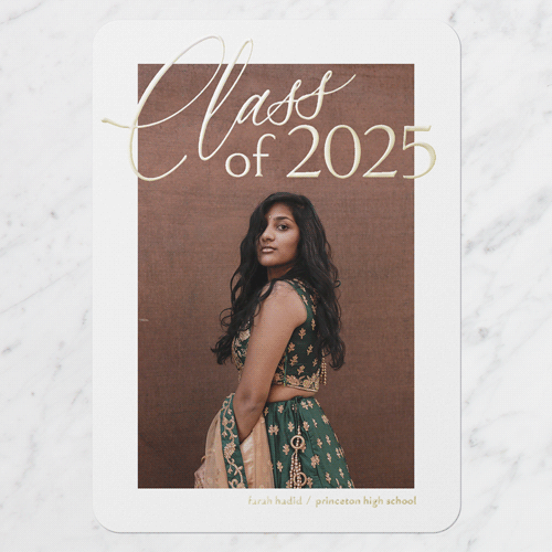 Shining Overlay Graduation Announcement, Rounded Corners, -White-Gold Foil-5x7 Digital Foil Card-2025