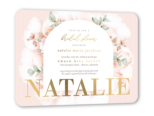 Soft Floral Arches Bridal Shower Invitation, Gold Foil, Pink, 5x7, Matte, Personalized Foil Cardstock, Rounded