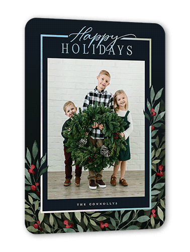 Beaming Berries Holiday Card, Black, Iridescent Foil, 5x7, Holiday, Matte, Personalized Foil Cardstock, Rounded