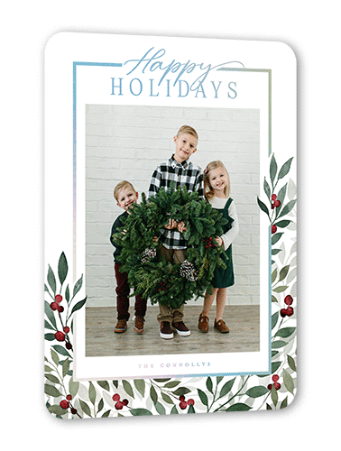 Beaming Berries Holiday Card, Iridescent Foil, White, 5x7, Holiday, Matte, Personalized Foil Cardstock, Rounded