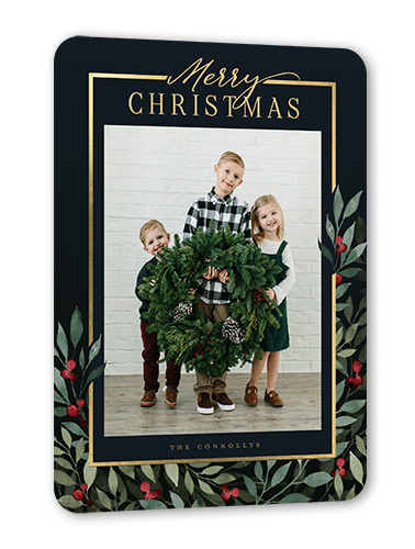 Beaming Berries Holiday Card, Gold Foil, Black, 5x7, Christmas, Matte, Personalized Foil Cardstock, Rounded