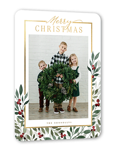 Beaming Berries Holiday Card, White, Gold Foil, 5x7, Christmas, Matte, Personalized Foil Cardstock, Rounded, White