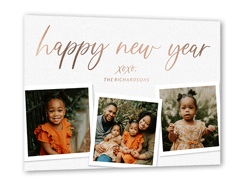 Lustrous Linen Holiday Card, White, Rose Gold Foil, 5x7, New Year, Matte, Personalized Foil Cardstock, Square