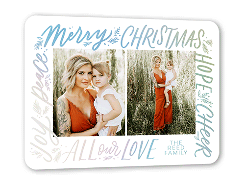 Framed Sentiments Holiday Card, White, Iridescent Foil, 5x7, Christmas, Matte, Personalized Foil Cardstock, Rounded