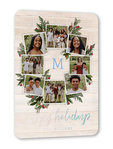 Photo Wreath Holiday Card, Beige, Iridescent Foil, 5x7, Holiday, Matte, Personalized Foil Cardstock, Rounded