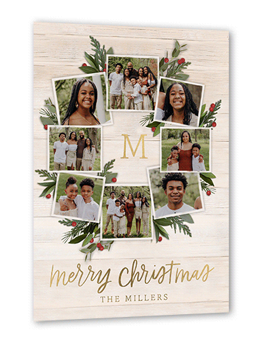 Photo Wreath Holiday Card, Beige, Gold Foil, 5x7, Christmas, Matte, Personalized Foil Cardstock, Square