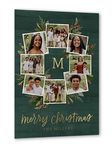 Photo Wreath Holiday Card, Green, Gold Foil, 5x7, Christmas, Matte, Personalized Foil Cardstock, Square