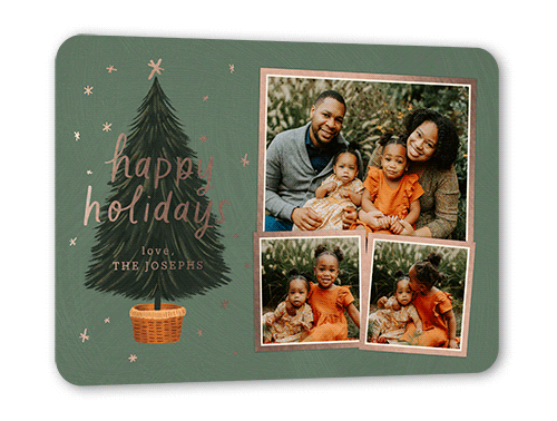 Polished Tree Holiday Card, Rose Gold Foil, Green, 5x7, Holiday, Matte, Personalized Foil Cardstock, Rounded