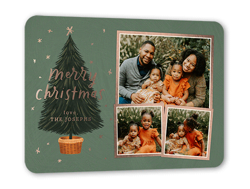 Polished Tree Holiday Card, Rose Gold Foil, Green, 5x7, Christmas, Matte, Personalized Foil Cardstock, Rounded