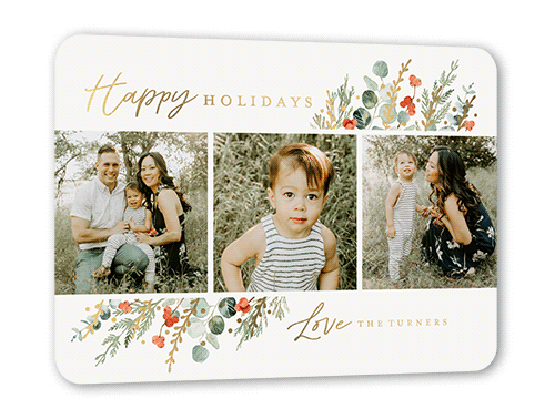 Winter Wildflowers Holiday Card, Gold Foil, Beige, 5x7, Holiday, Matte, Personalized Foil Cardstock, Rounded