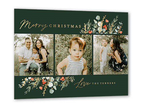 Winter Wildflowers Holiday Card, Green, Gold Foil, 5x7, Christmas, Matte, Personalized Foil Cardstock, Square