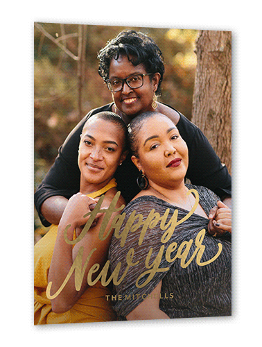 Playful Script Holiday Card, White, Gold Foil, 5x7, New Year, Matte, Personalized Foil Cardstock, Square