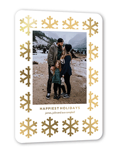 Flashy Snowflakes Holiday Card, White, Gold Foil, 5x7, Holiday, Matte, Personalized Foil Cardstock, Rounded