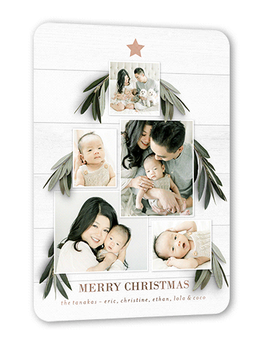Personable Tree Holiday Card, White, Rose Gold Foil, 5x7, Christmas, Matte, Personalized Foil Cardstock, Rounded