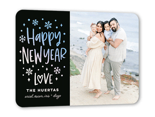 Snowy Affection Holiday Card, Black, Iridescent Foil, 5x7, New Year, Matte, Personalized Foil Cardstock, Rounded, White
