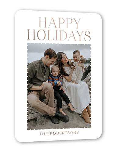 Classic Foil Letters Holiday Card, White, Rose Gold Foil, 5x7, Holiday, Matte, Personalized Foil Cardstock, Rounded