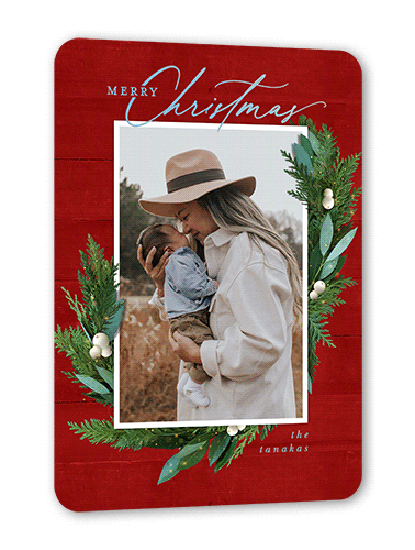 Fancy Holly Frame Holiday Card, Iridescent Foil, Red, 5x7, Christmas, Matte, Personalized Foil Cardstock, Rounded