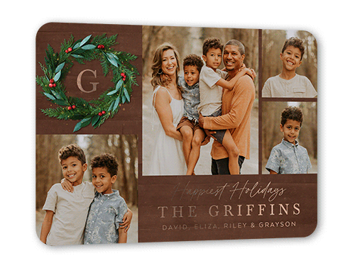 Rustic Holly Wreath Holiday Card, Rose Gold Foil, Brown, 5x7, Holiday, Matte, Personalized Foil Cardstock, Rounded