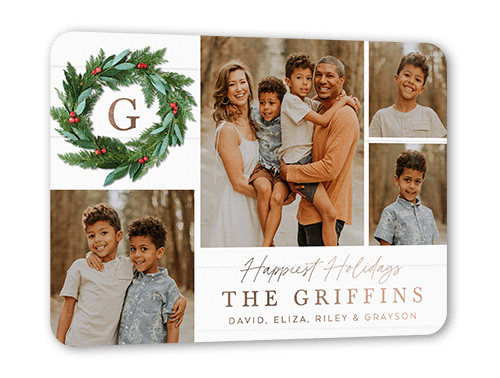 Rustic Holly Wreath Holiday Card, White, Rose Gold Foil, 5x7, Holiday, Matte, Personalized Foil Cardstock, Rounded, White