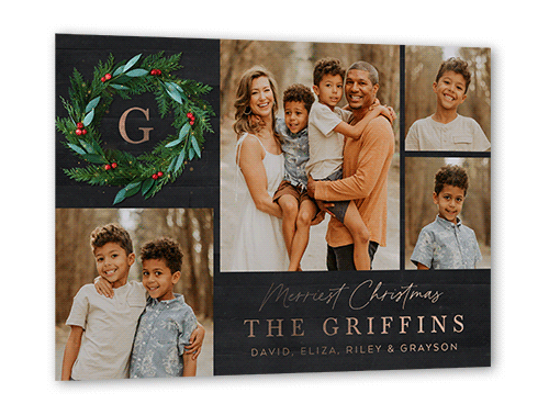 Rustic Holly Wreath Holiday Card, Black, Rose Gold Foil, 5x7, Christmas, Matte, Personalized Foil Cardstock, Square