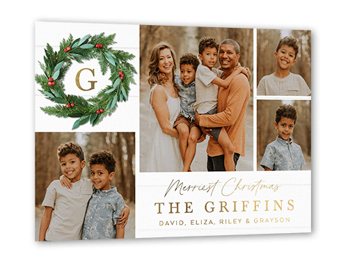 Rustic Holly Wreath Holiday Card, Gold Foil, White, 5x7, Christmas, Matte, Personalized Foil Cardstock, Square