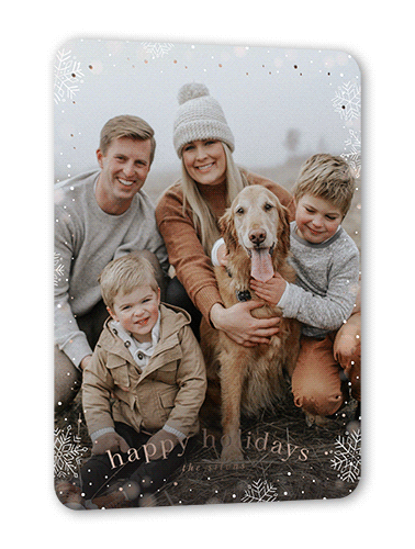 Snowfall Surroundings Holiday Card, Rose Gold Foil, White, 5x7, Holiday, Matte, Personalized Foil Cardstock, Rounded
