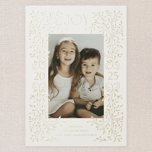 Foil Botanical Joy Holiday Card, Beige, Gold Foil, 5x7, Holiday, Matte, Personalized Foil Cardstock, Square, Antique White
