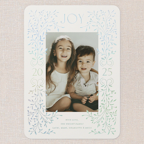 Foil Botanical Joy Holiday Card, Beige, Iridescent Foil, 5x7, Holiday, Matte, Personalized Foil Cardstock, Rounded, Antique White
