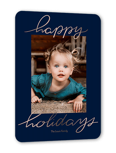 Foil Greetings Holiday Card, Blue, Rose Gold Foil, 5x7, Holiday, Matte, Personalized Foil Cardstock, Rounded, Navy