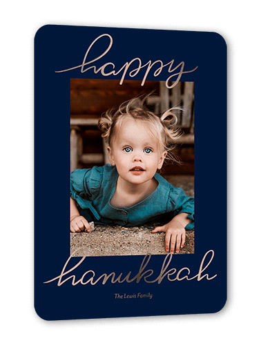 Foil Greetings Holiday Card, Blue, Rose Gold Foil, 5x7, Hanukkah, Matte, Personalized Foil Cardstock, Rounded
