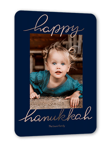 Foil Greetings Holiday Card, Blue, Rose Gold Foil, 5x7, Hanukkah, Matte, Personalized Foil Cardstock, Rounded, Navy