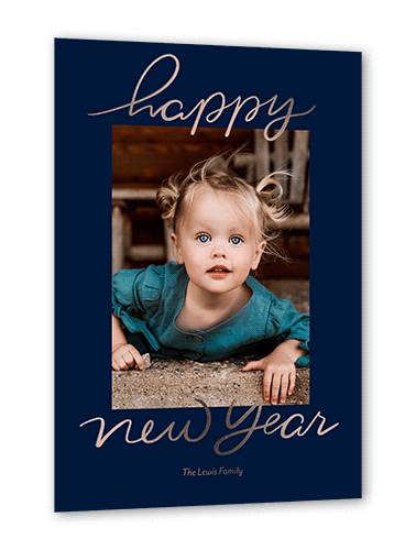 Foil Greetings Holiday Card, Rose Gold Foil, Blue, 5x7, New Year, Matte, Personalized Foil Cardstock, Square