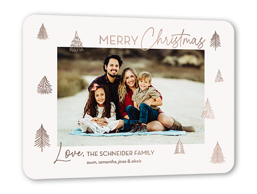 Scattered Trees Holiday Card, Rose Gold Foil, Grey, 5x7, Christmas, Matte, Personalized Foil Cardstock, Rounded, Whisper Gray