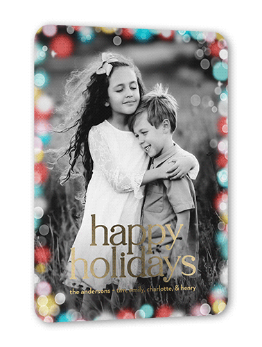 Confetti Bokeh Holiday Card, Red, Gold Foil, 5x7, Holiday, Matte, Personalized Foil Cardstock, Rounded, Bright Coral