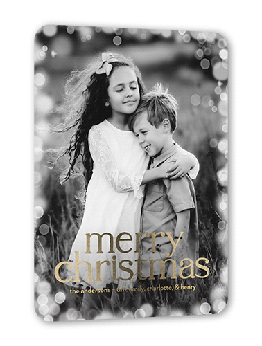 Confetti Bokeh Holiday Card, White, Gold Foil, 5x7, Christmas, Matte, Personalized Foil Cardstock, Rounded
