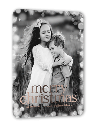 Confetti Bokeh Holiday Card, White, Rose Gold Foil, 5x7, Christmas, Matte, Personalized Foil Cardstock, Rounded