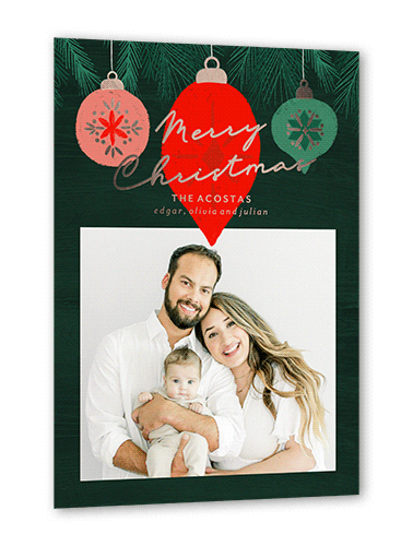 Ornament Fun Holiday Card, Rose Gold Foil, Green, 5x7, Christmas, Matte, Personalized Foil Cardstock, Square