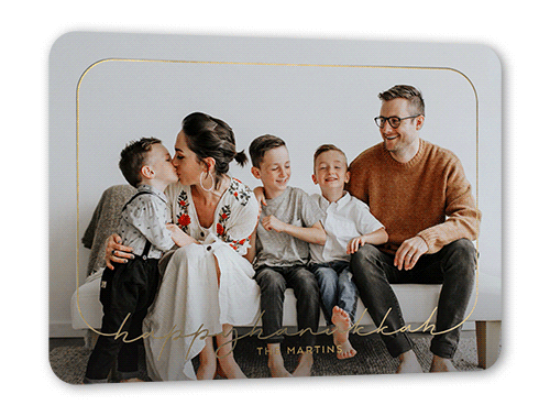 Writing Frame Holiday Card, Gold Foil, White, 5x7, Hanukkah, Matte, Personalized Foil Cardstock, Rounded, White