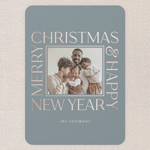 Twinkling Tidings Holiday Digital Foil Card, Rose Gold Foil, Blue, 5x7, Christmas, Matte, Personalized Foil Cardstock, Rounded, Feather