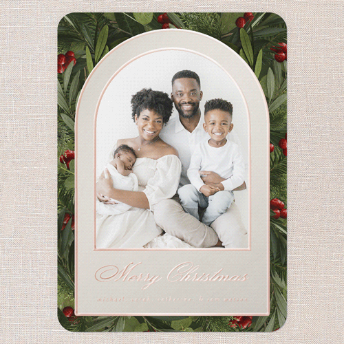 Arching Berries Holiday Card, Beige, Rose Gold Foil, 5x7, Christmas, Matte, Personalized Foil Cardstock, Rounded, Cream