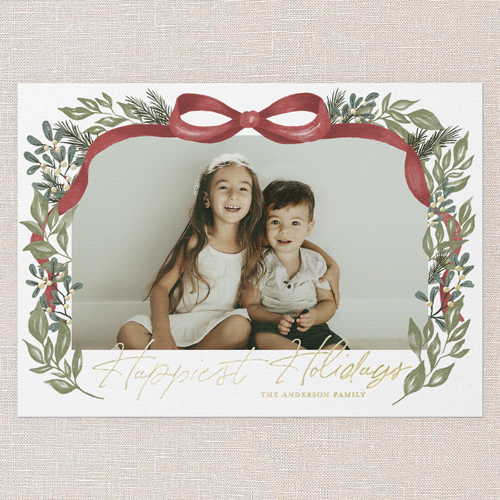 Joyful Ribbon Wishes Holiday Card, White, Gold Foil, 5x7, Holiday, Matte, Personalized Foil Cardstock, Square, White