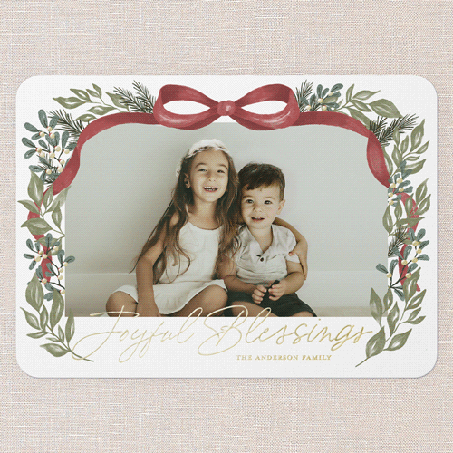 Joyful Ribbon Wishes Holiday Card, White, Gold Foil, 5x7, Religious, Matte, Personalized Foil Cardstock, Rounded, White