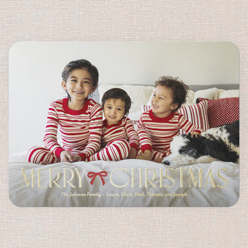 Blissful Beaming Bow Holiday Card, White, Gold Foil, 5x7, Christmas, Matte, Personalized Foil Cardstock, Rounded, White