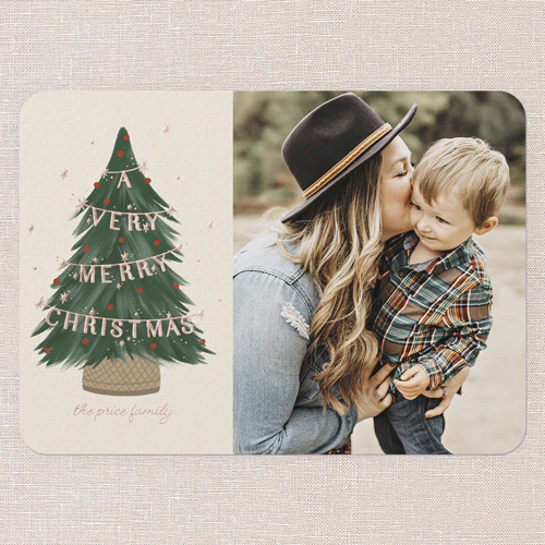 Pine Perfection Holiday Card, Rose Gold Foil, Beige, 5x7, Christmas, Matte, Personalized Foil Cardstock, Rounded, Cream