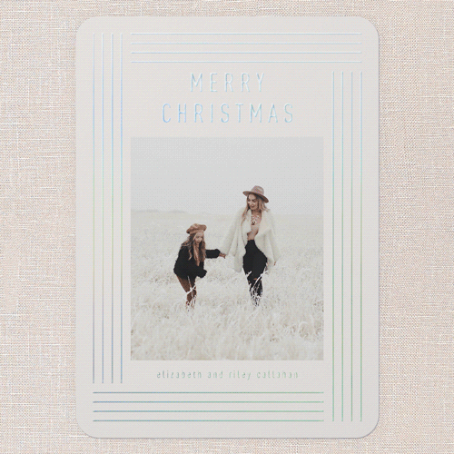 Glowing Deco Border Holiday Card, Iridescent Foil, Pink, 5x7, Christmas, Matte, Personalized Foil Cardstock, Rounded, Blush