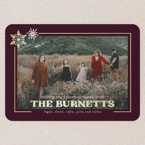 Shimmery Snowflake Holiday Card, Red, Gold Foil, 5x7, Christmas, Matte, Personalized Foil Cardstock, Rounded, Red