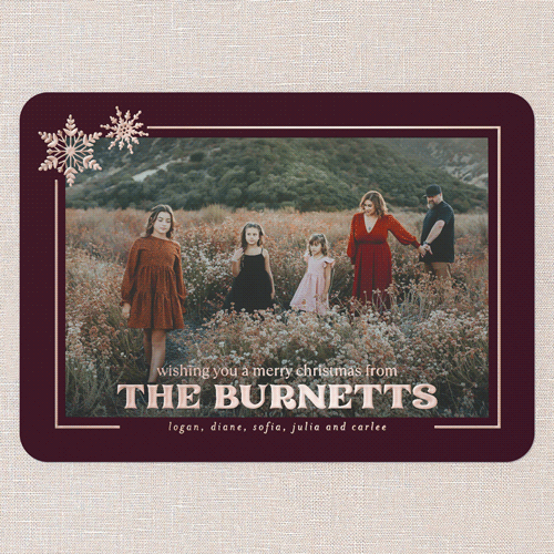 Shimmery Snowflake Holiday Card, Red, Rose Gold Foil, 5x7, Christmas, Matte, Personalized Foil Cardstock, Rounded, Red