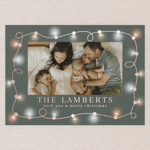 Merry and Bright Lights Holiday Card, Green, Rose Gold Foil, 5x7, Christmas, Matte, Personalized Foil Cardstock, Square, Green