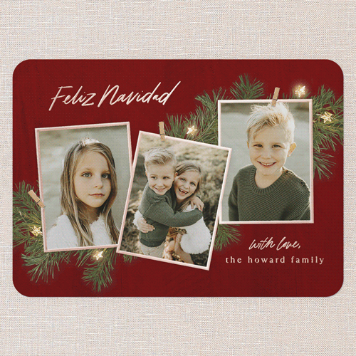 Festive Evergreen Holiday Card, Rose Gold Foil, Red, 5x7, Feliz Navidad, Matte, Personalized Foil Cardstock, Rounded, Red