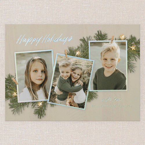 Festive Evergreen Holiday Card, Iridescent Foil, Beige, 5x7, Holiday, Matte, Personalized Foil Cardstock, Square, Sand